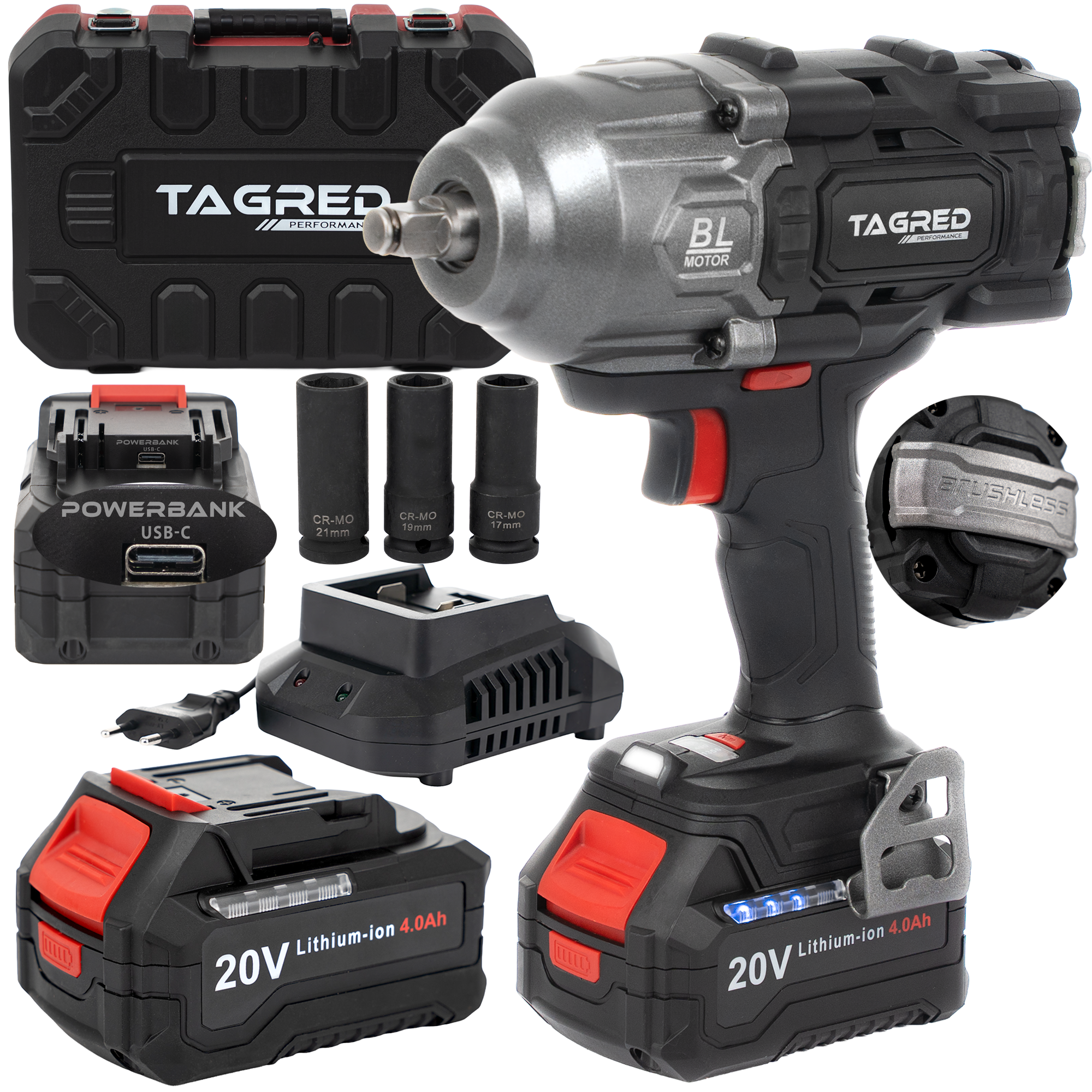 Akumulátorový rázový utahovák, bezuhlíkový TAGRED TA8000, 2 akumulátory 20V 4Ah 1898Nm na kola 1/2'' TA8000