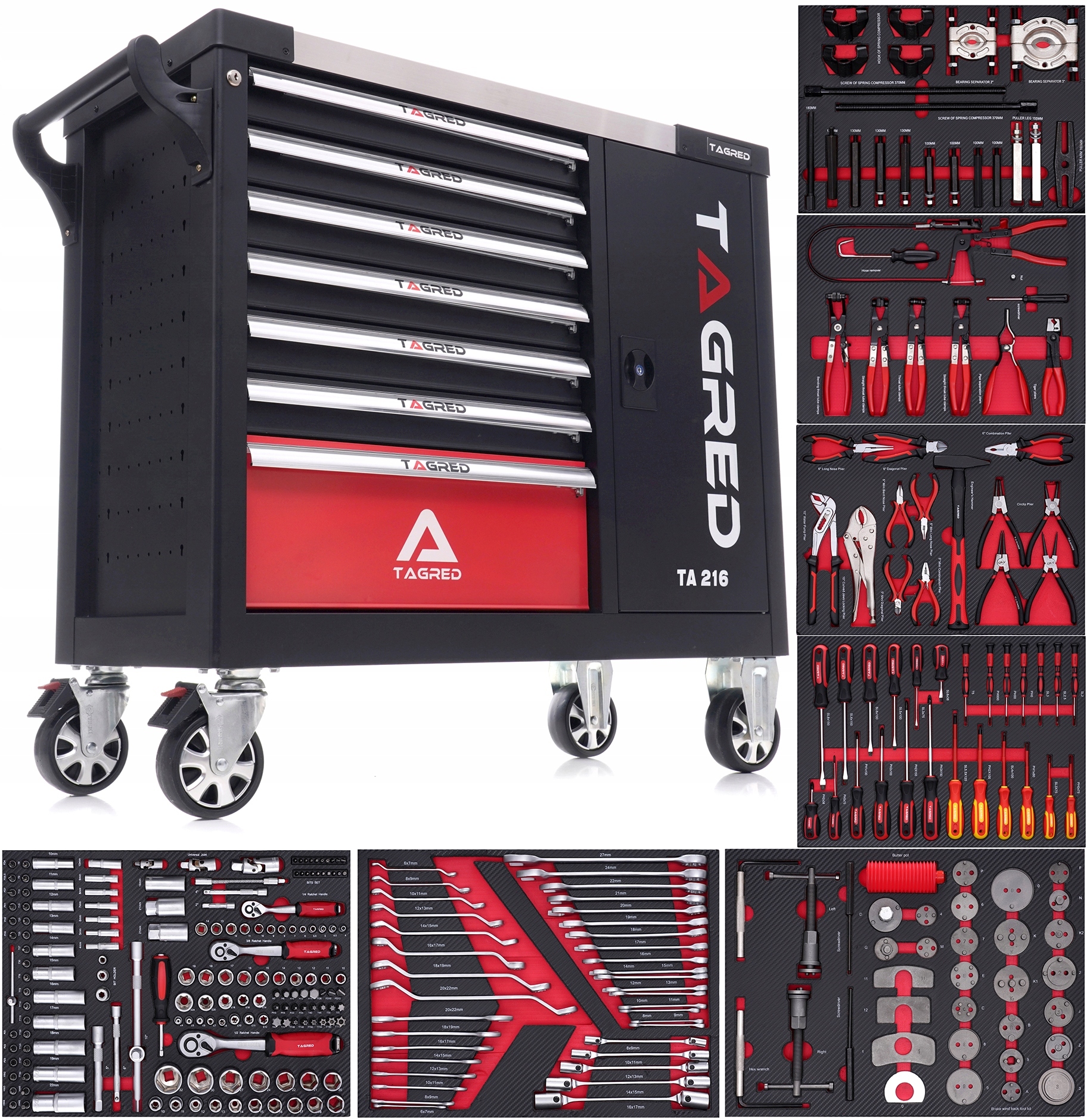 Dílenská skříňka pro autoservis, dílenský vozík s nářadím Tagred TA216 306 EL, ráčny 72-zubové TA216