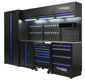 Meble garażowe, warsztatowe TAGRED TA195A regał szafka do warsztatu garażu 260 cm akcesoria, LED, blat stal INOX 3D