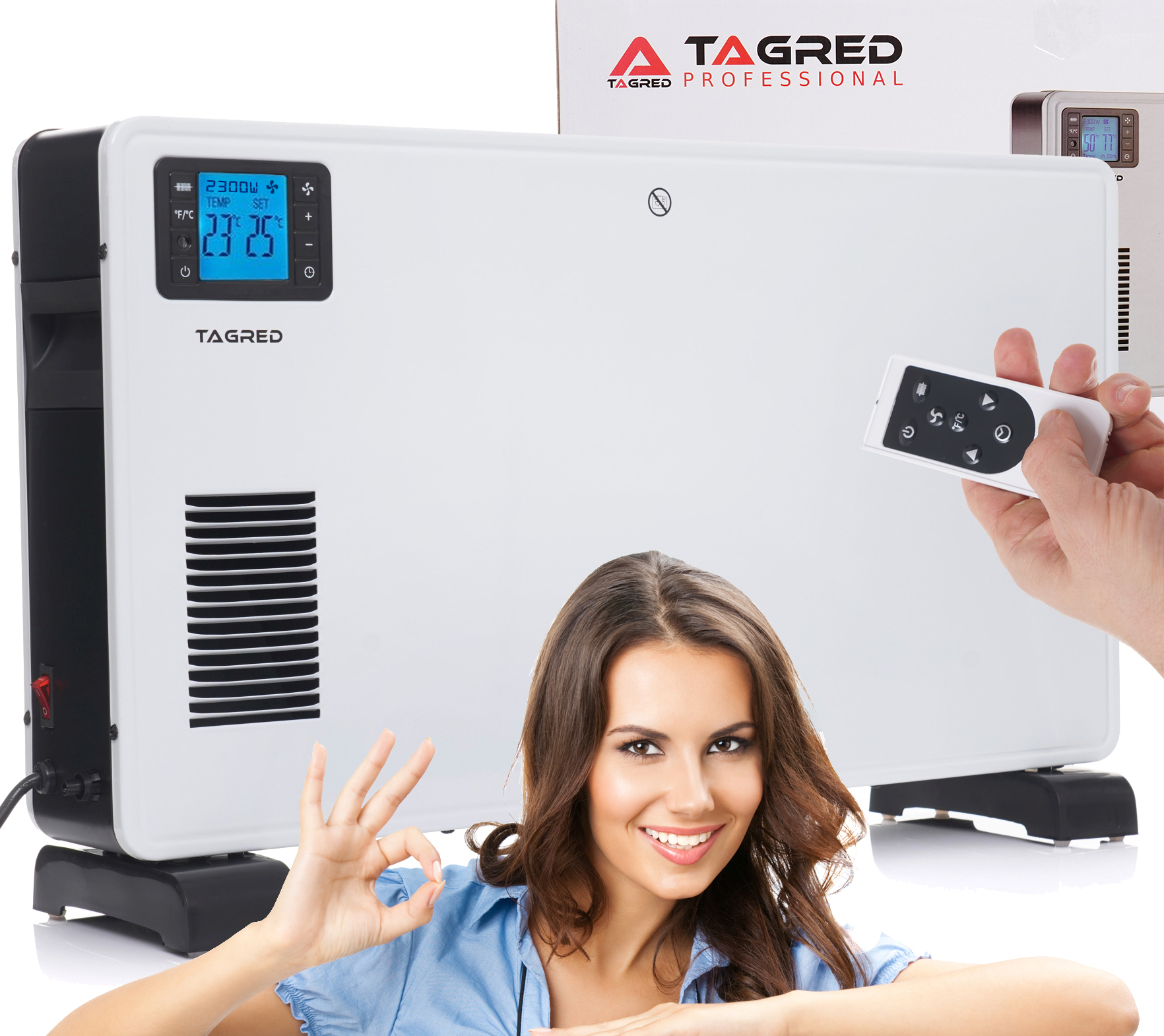 Elektrický konvektor 2300W, turbo prietok vzduchu, diaľkové ovládanie, LCD časovač, biela