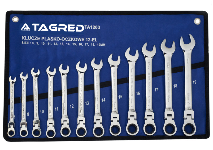 Očkoploché klíče zalomené s kloubem, ráčnou 12 ks 8-19 mm, na plachtě, CrV - kované, kalené TA1203