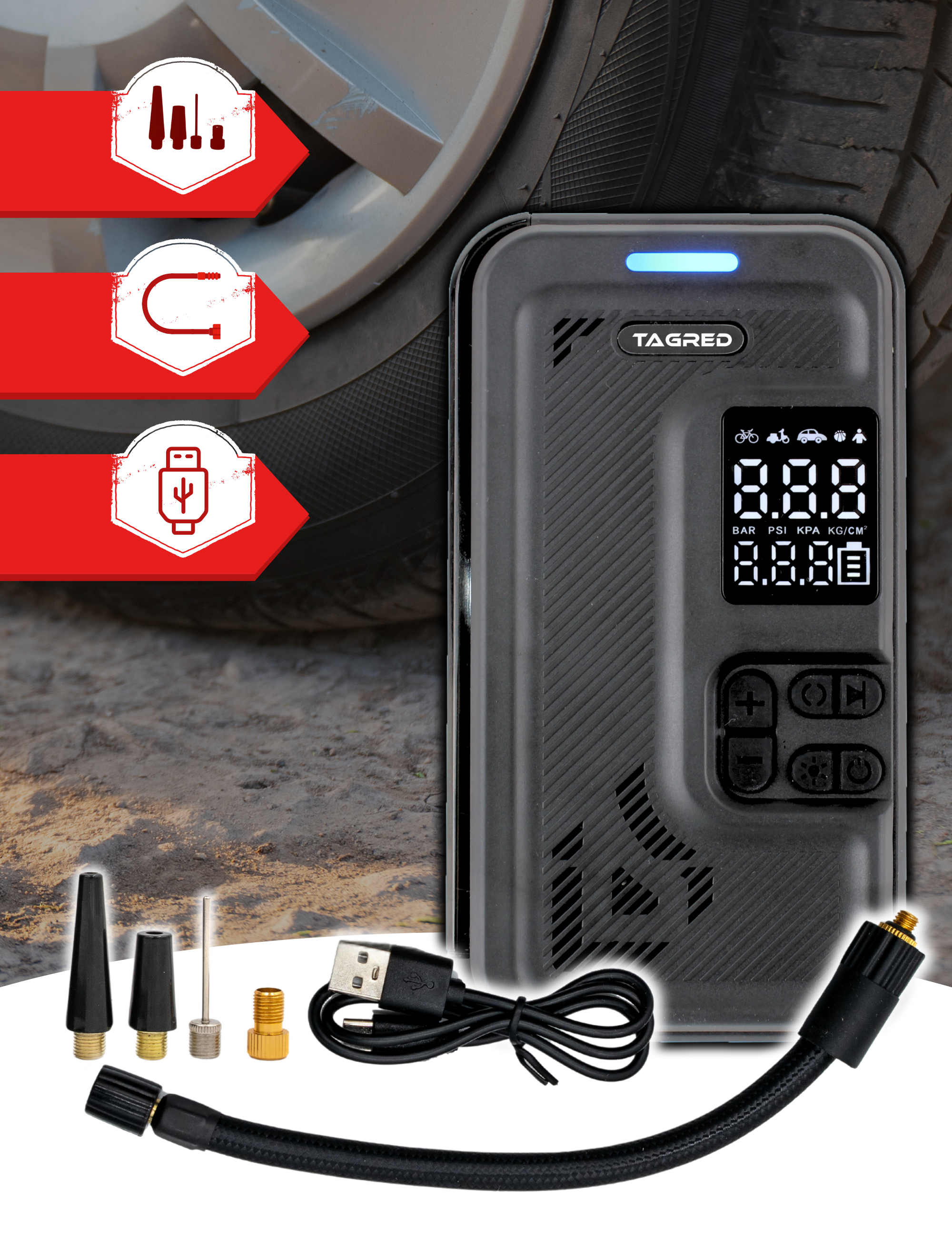 Akumulátorová pumpa na kolo, automobilová mini kompresor pro huštění 8V 4000mAh TA4230