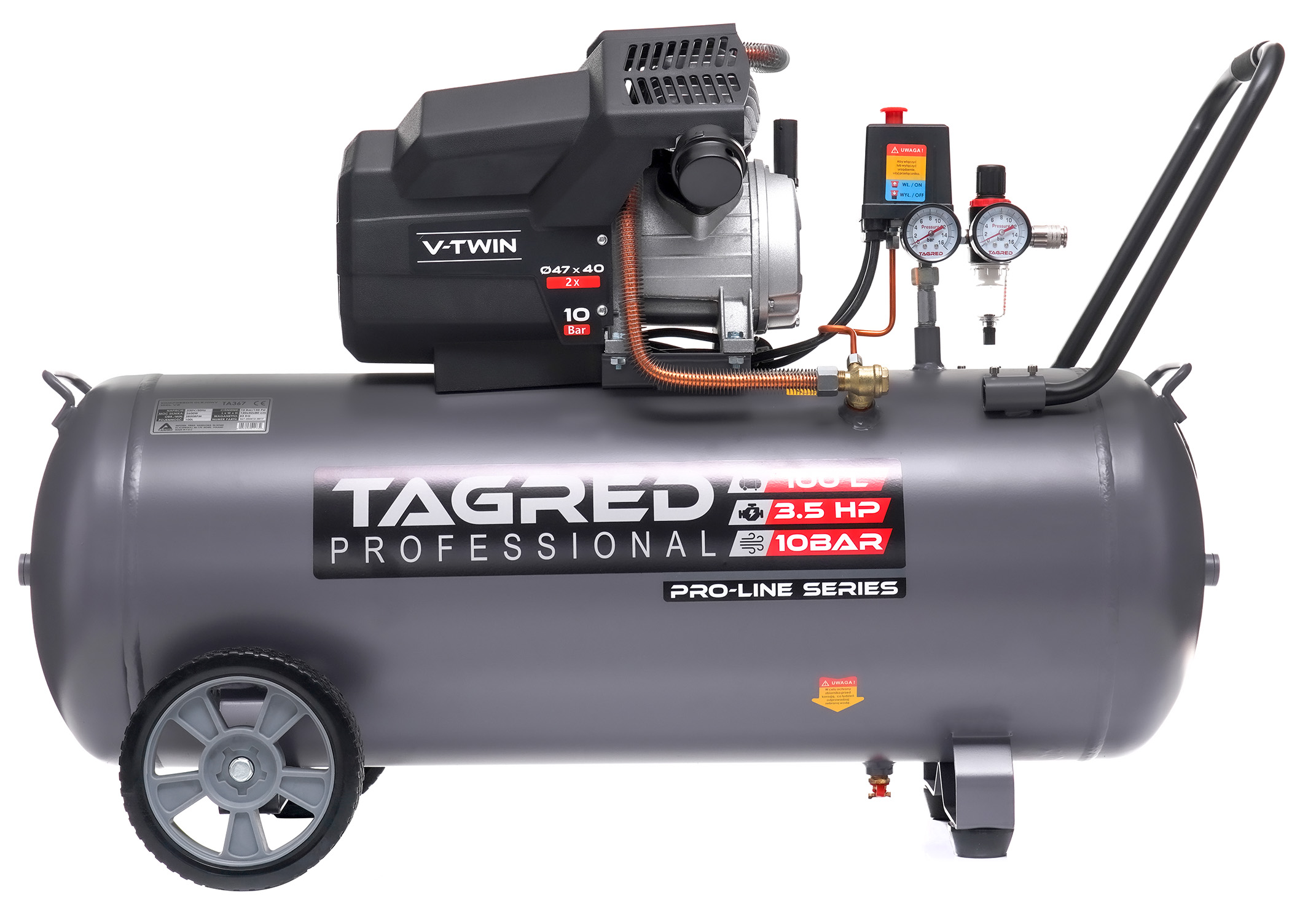 Olejový kompresor, kompresor TAGRED 100L V2 10bar 230V dvoupístový, zesílený TA367