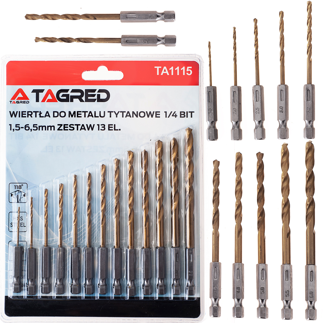 Titanové vrtáky, dvojitě broušené HSS 1,5 - 6,5 mm 13 ks BIT HEX 1/4'' TA1115
