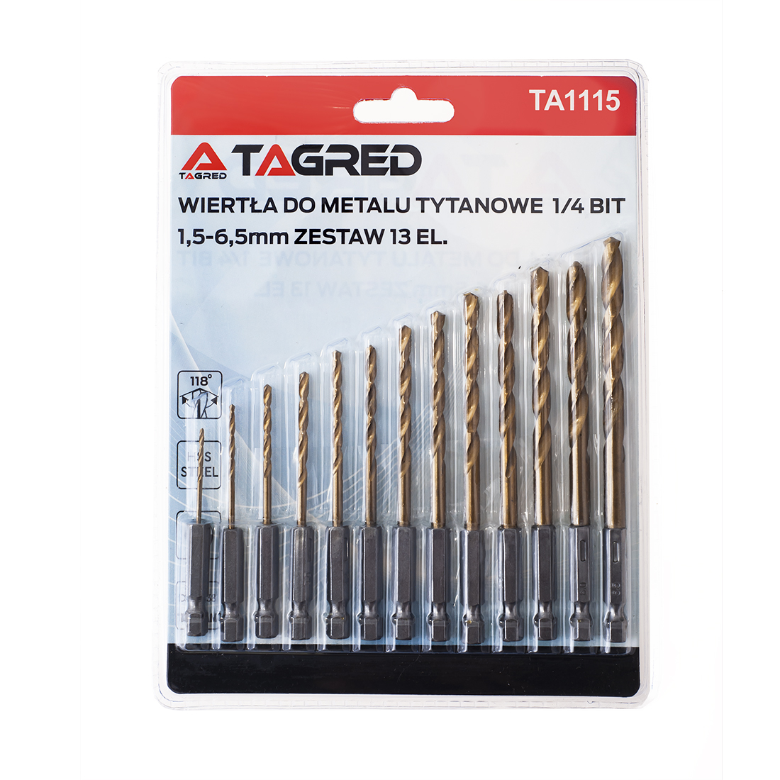 Titanové vrtáky, dvojitě broušené HSS 1,5 - 6,5 mm 13 ks BIT HEX 1/4'' TA1115