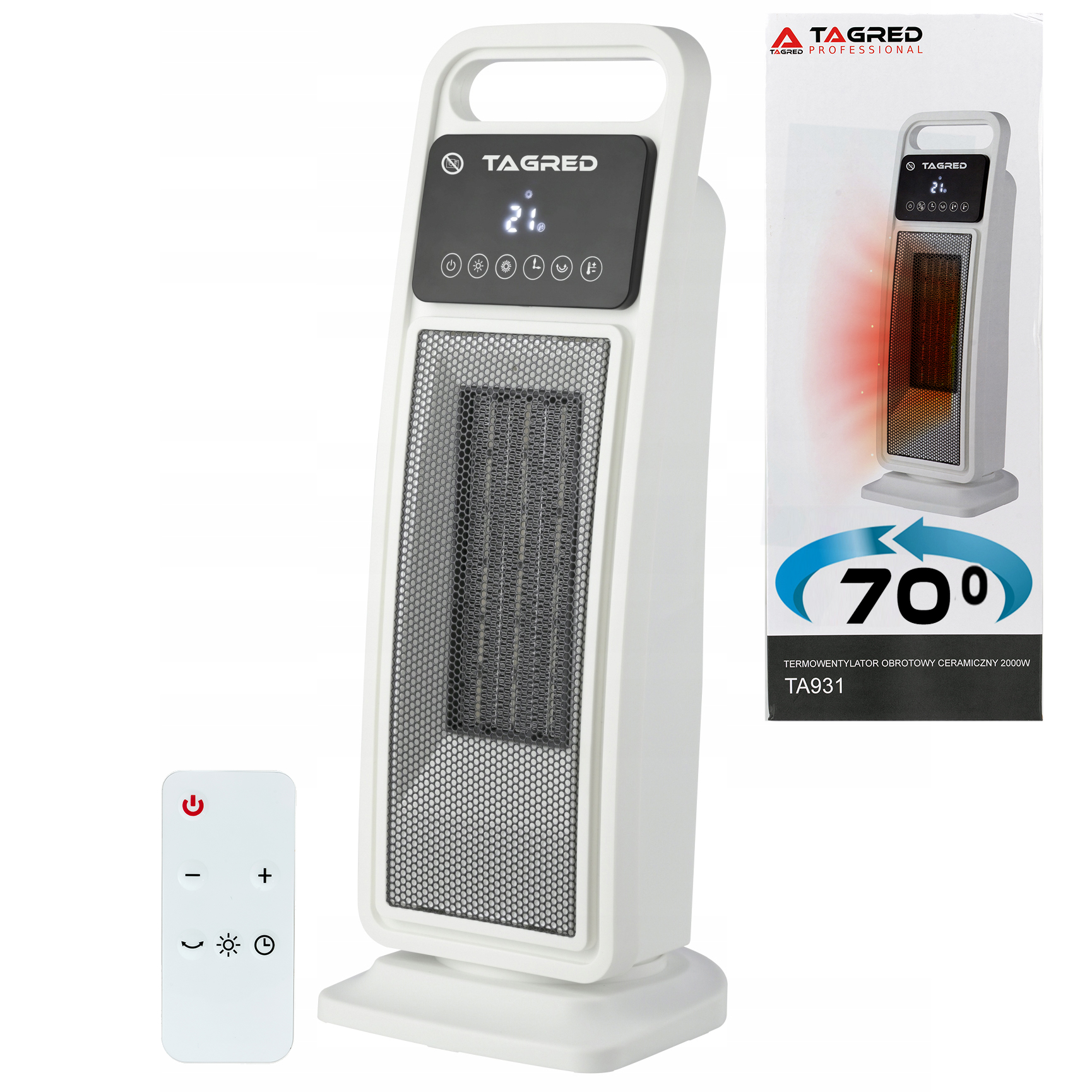Sloupový termoventilátor, topidlo, otočný elektrický ohřívač, keramické topné těleso TAGRED, dálkové ovládání, LCD, výkon 2000 W TA931