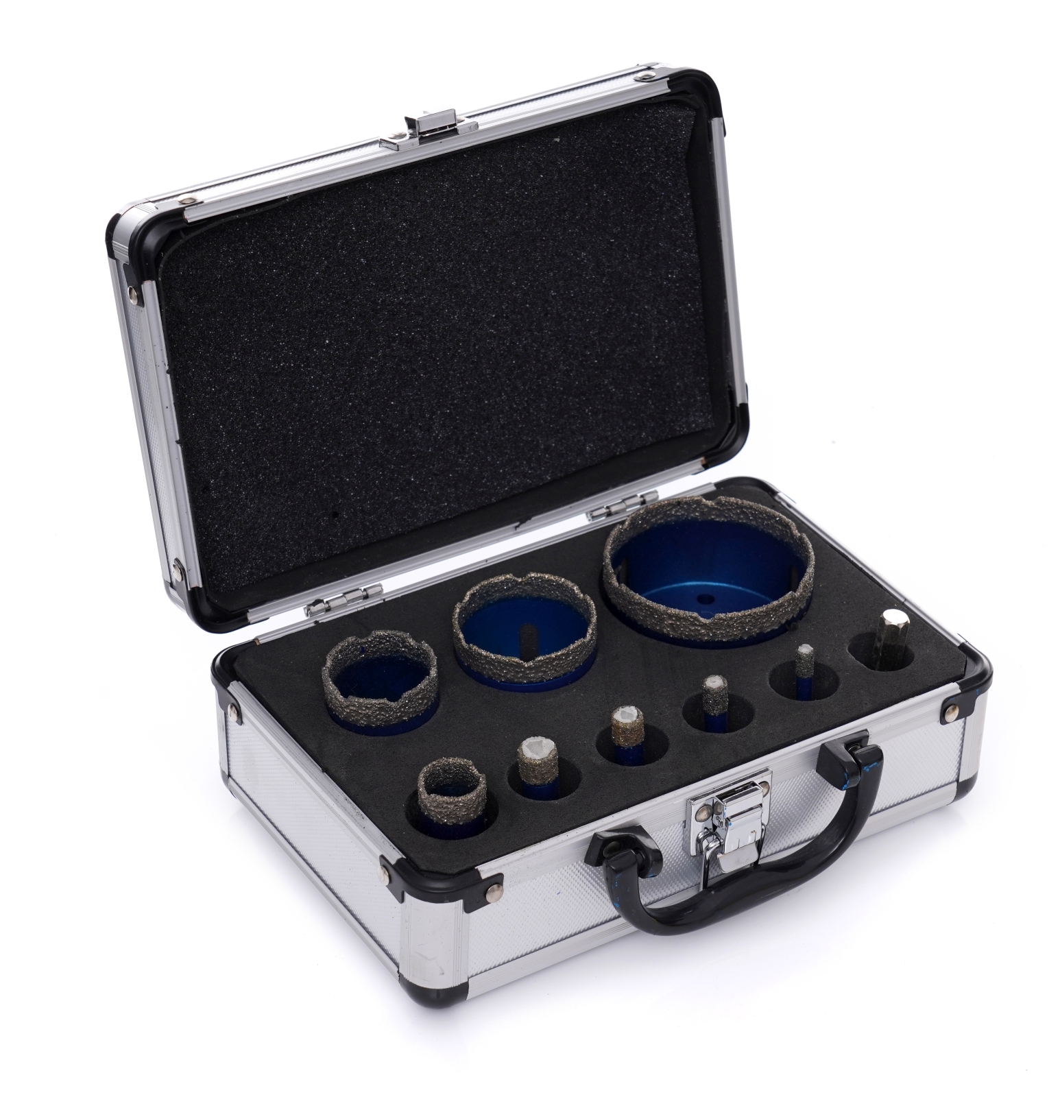 Vrtací korunky, diamantové korunky pro keramiku, kámen, slinutou dlažbu, obklady 6, 8, 10, 12, 20, 35, 45, 68mm M14, kufřík, adaptér, 9-dílná sada TA4087