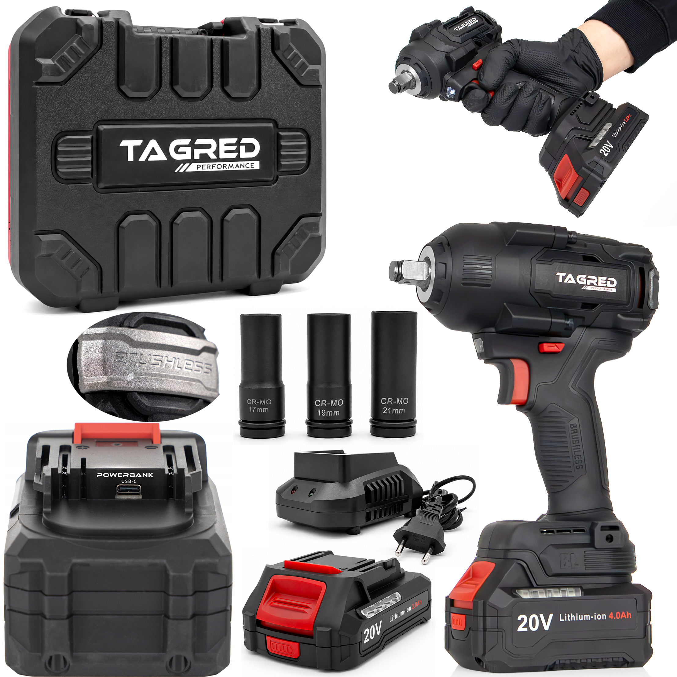 Akumulátorový rázový utahovák, bezuhlíkový TAGRED TA8023, 2 akumulátory 20V 4+2Ah 1000Nm na kola 1/2'' TA8023