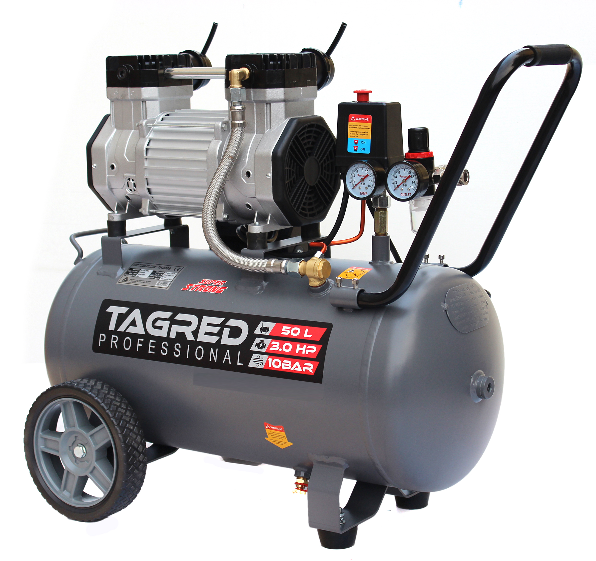 Bezolejový kompresor TAGRED TA3388 10 BAR 50L R2 dvojpiestový HEAVY DUTY