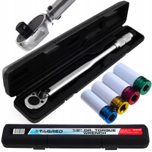Klucz Dynamometryczny 1/2" 480mm 42-210Nm 20kg z blokadą, do kół plus 4 nasadki