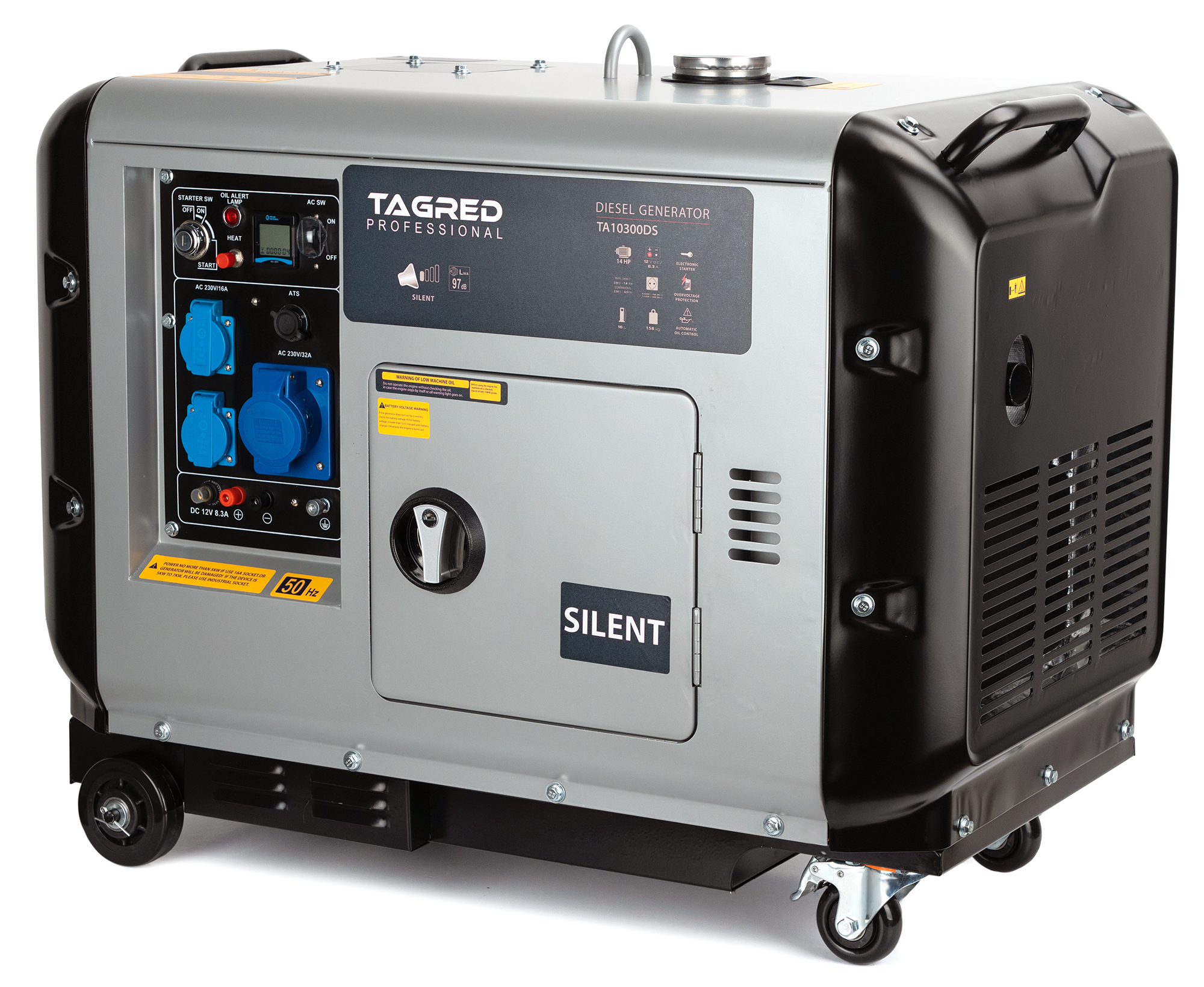 Dieselová elektrocentrála TAGRED 10300W 14 HP, 3x230V zásuvka PROFI 32A, odhlučněná TA10300DS