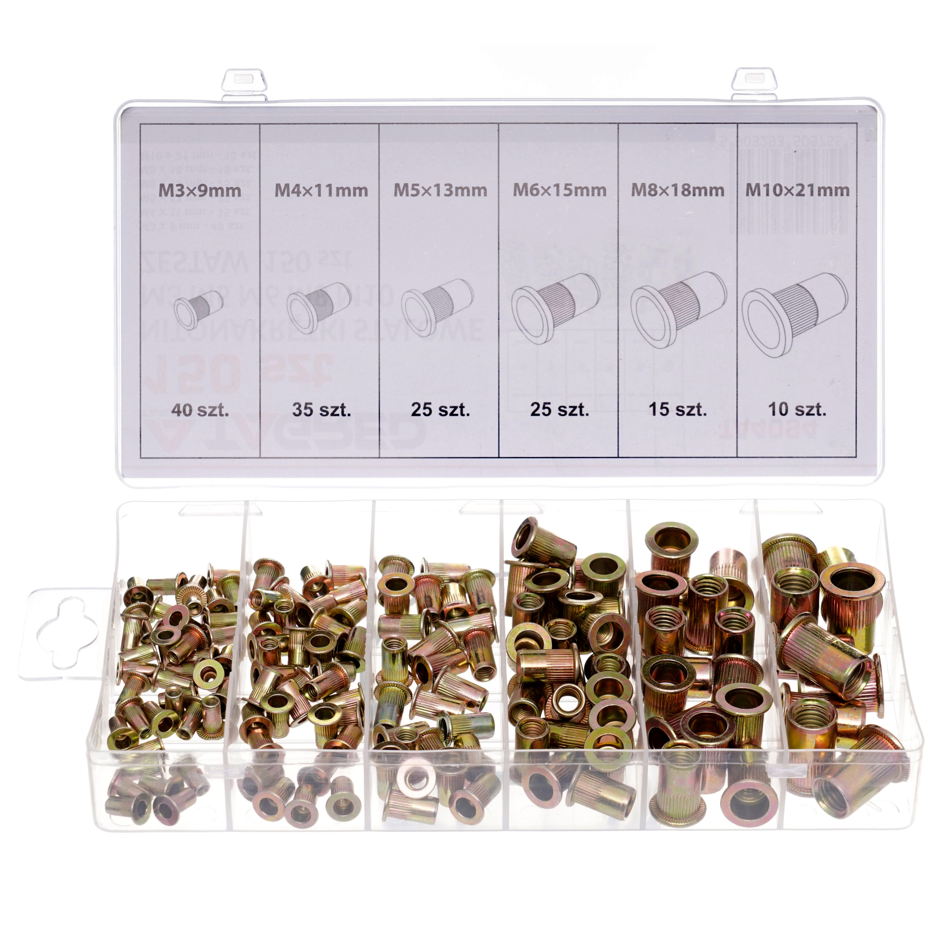 Nýtovací matice ocelové M3 M4 M5 M6 M8 M10 150 ks TA4094