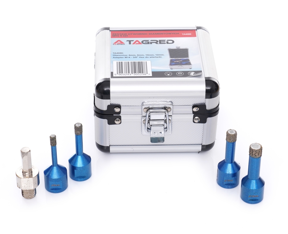 Děrovky, diamantové korunky na keramiku, kámen, gres, glazuru 6, 8, 10, 12 mm M14, kufřík, adaptér, 5-el. TA4088