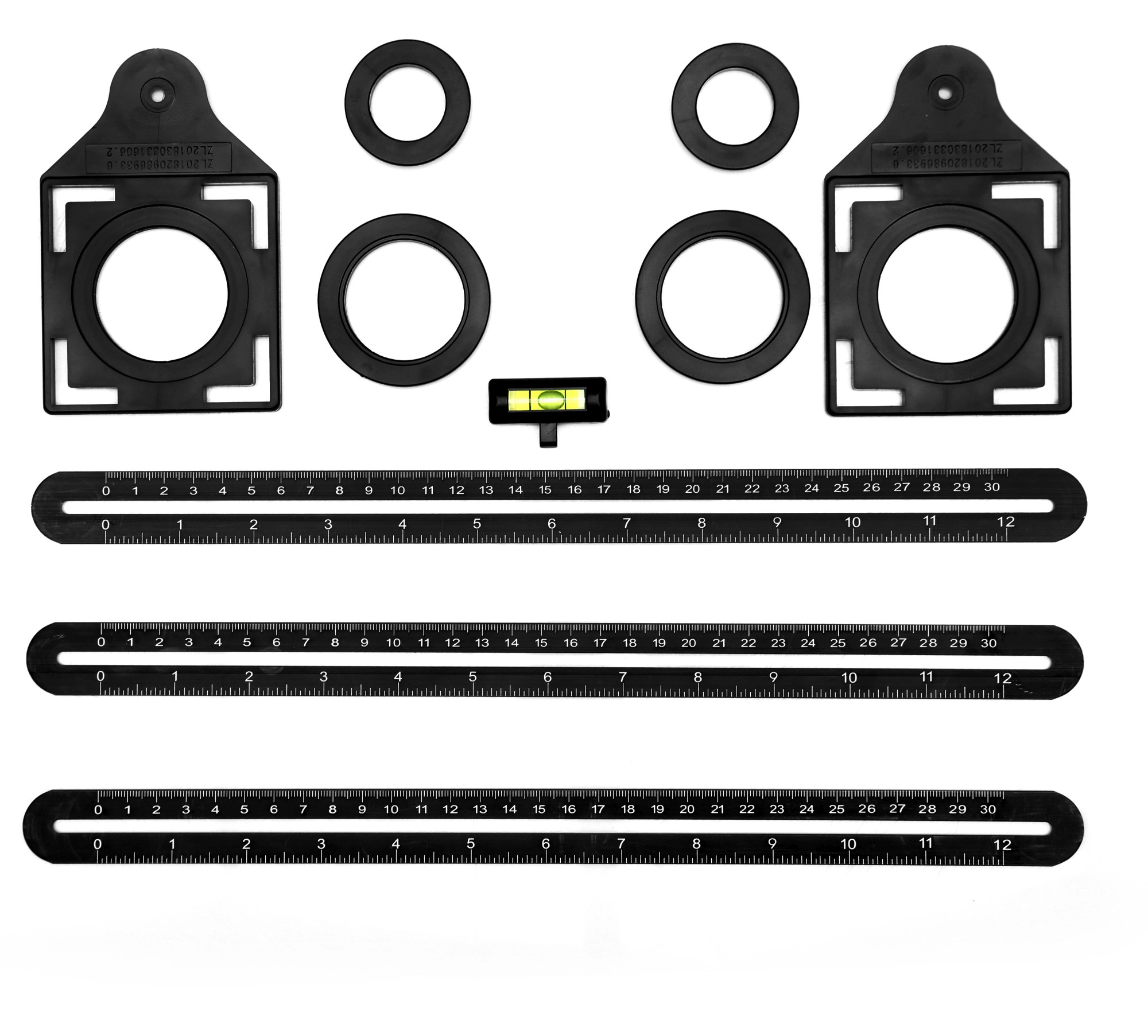 Šablona, příložník, šablona pro značení otvorů na rovných površích, dlaždicích, obkladech + vodováha TA4116