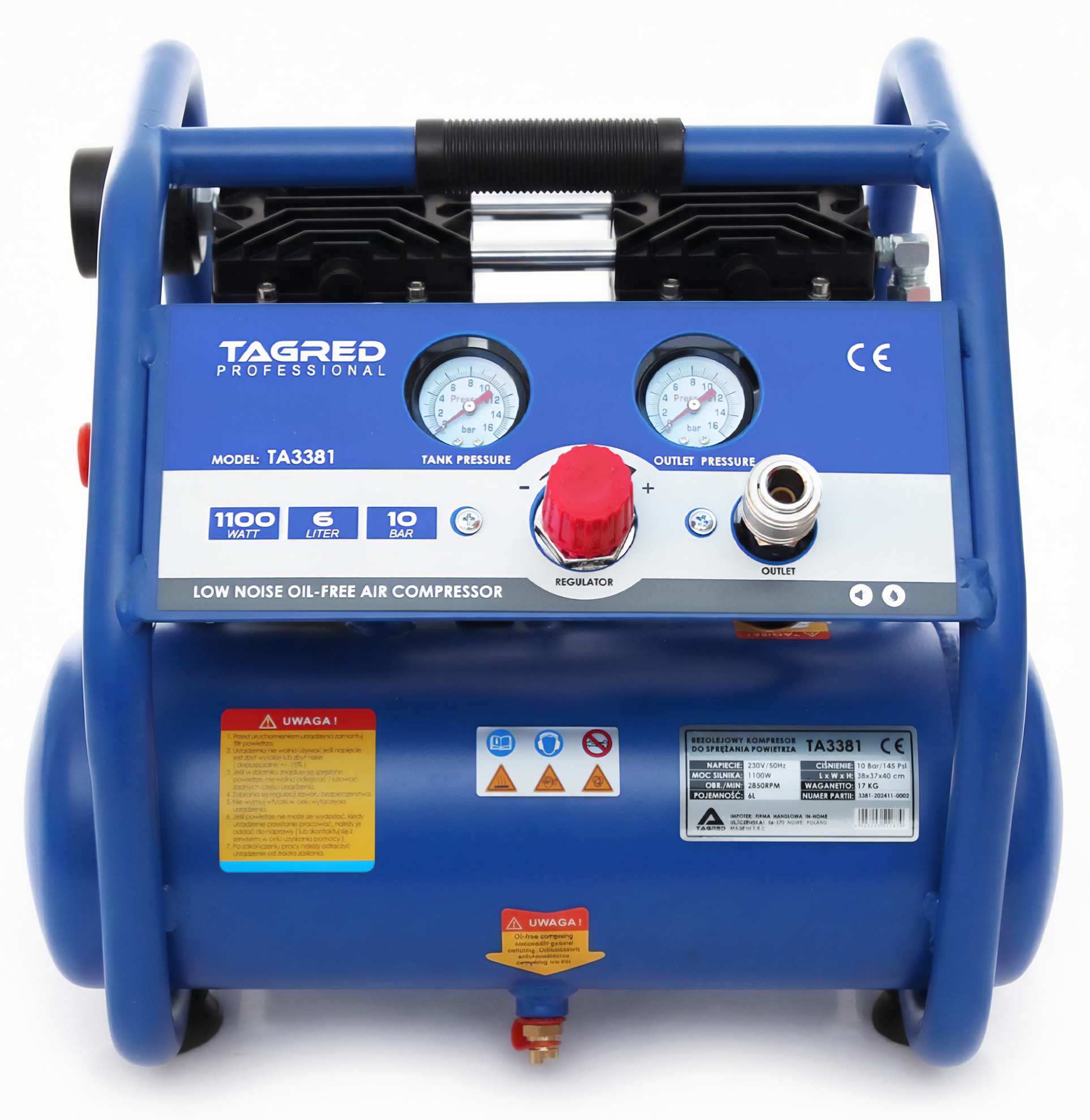 Bezolejový dvoupístový kompresor, kompresor 6L TAGRED 1500W R2 10BAR TA3381