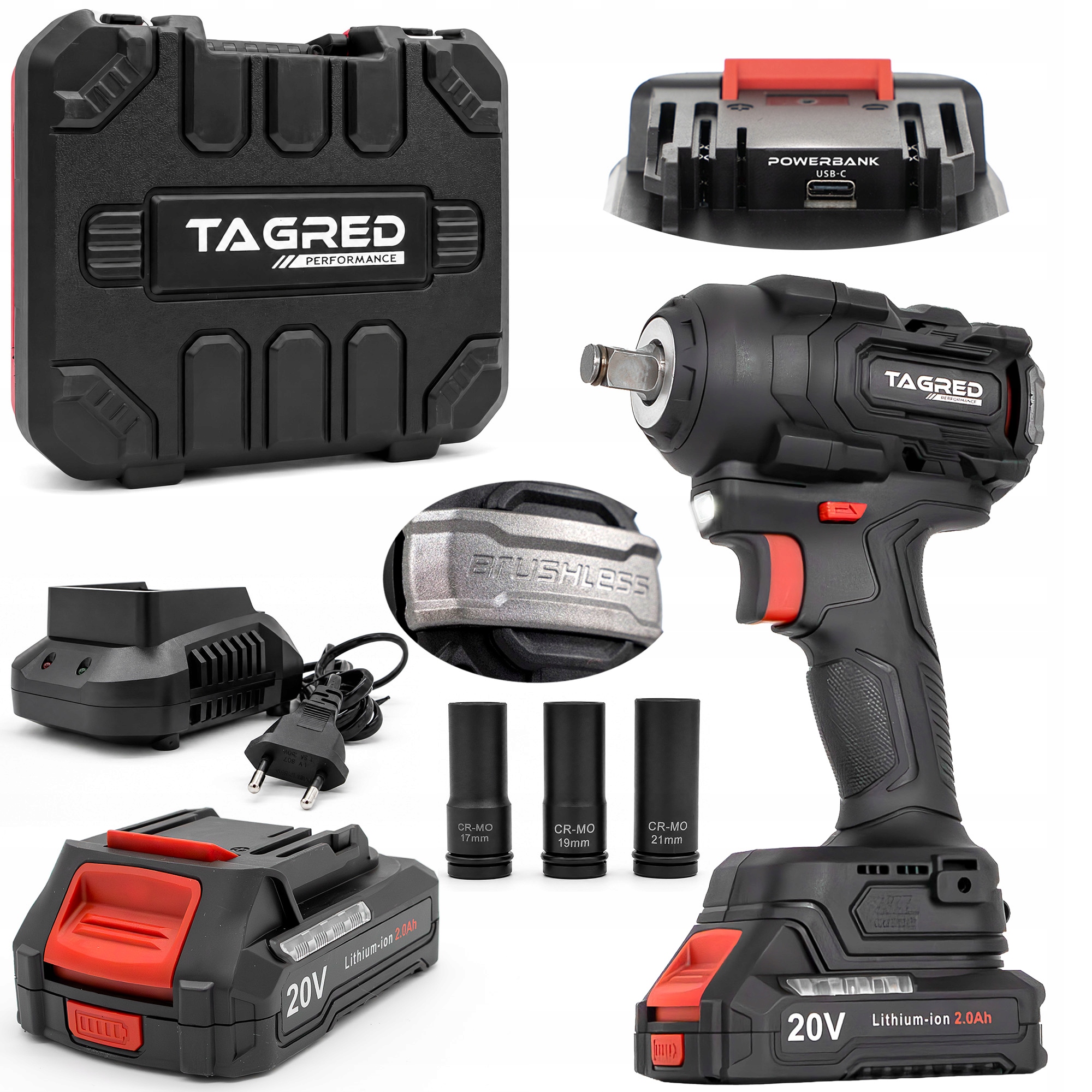 Akumulátorový rázový utahovák, bezuhlíkový TAGRED TA8012, 2 akumulátory 20V 2+2Ah 600Nm na kola 1/2'' TA8012