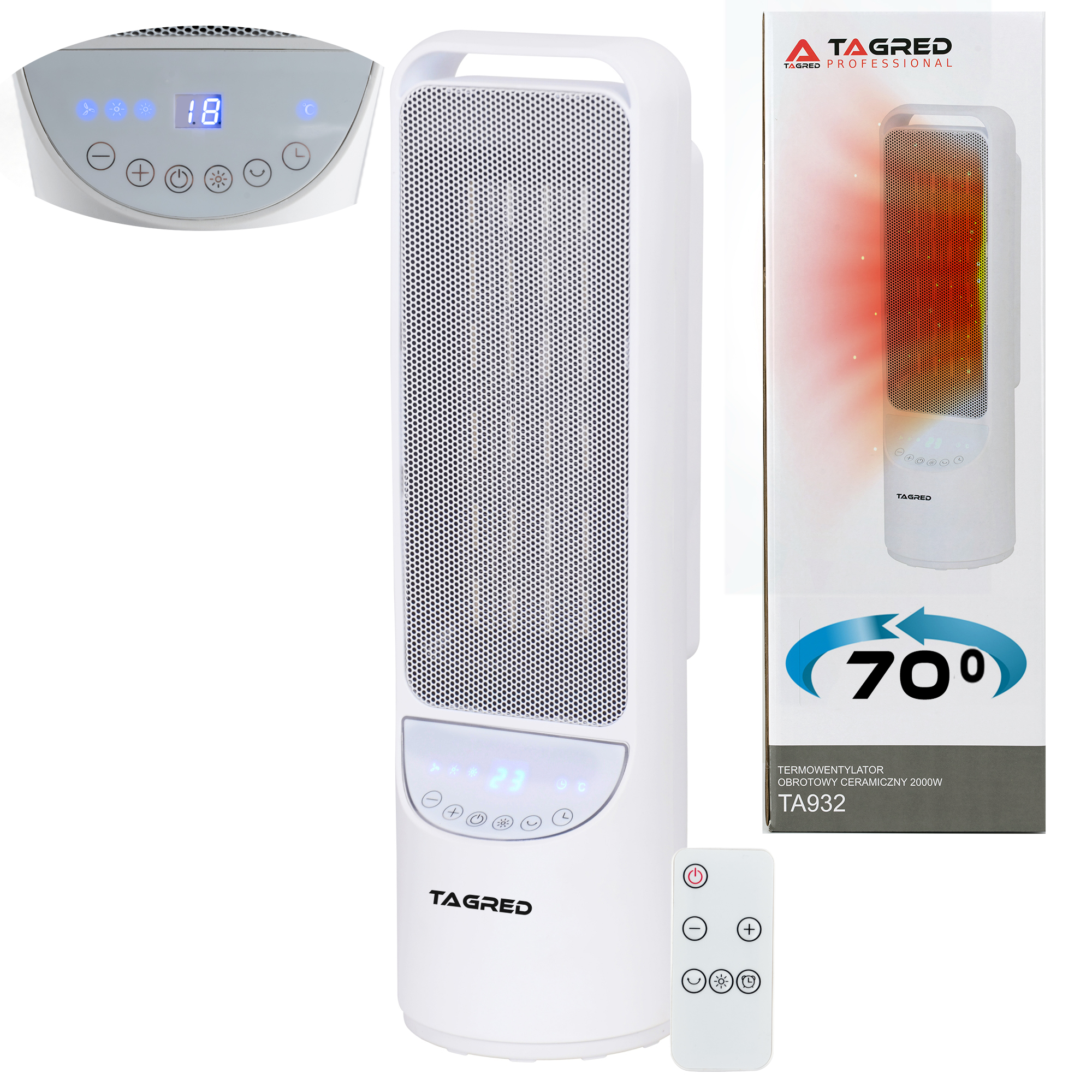 Sloupový termoventilátor, topidlo, otočný elektrický ohřívač, keramické topné těleso TAGRED, dálkové ovládání, výkon 2000W TA932