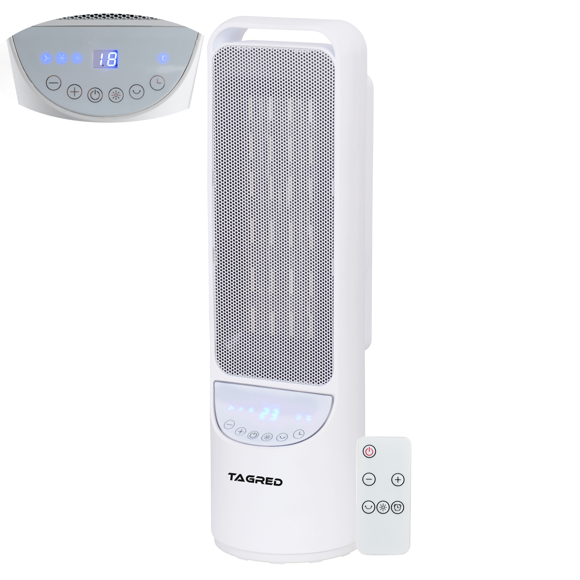 Sloupový termoventilátor, topidlo, otočný elektrický ohřívač, keramické topné těleso TAGRED, dálkové ovládání, výkon 2000W TA932